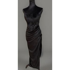New Bardot Strapless Black Shimmer Ruched Formal Evening Maxi Dress Size Small